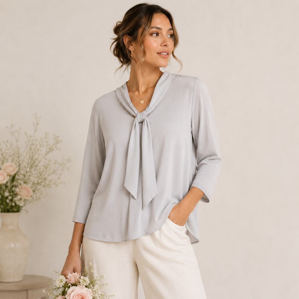 Susan Graver Liquid Knit Blouse Women's Size M Gray Chiffon Necktie Romantic